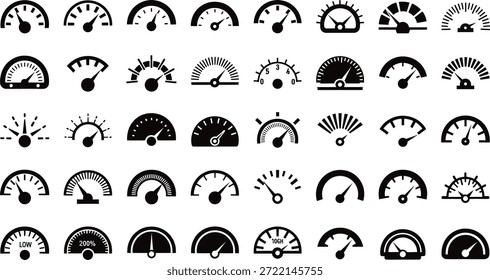 Una colección completa de iconos vectoriales monocromáticos con varios medidores, velocímetros e indicadores, que representan las mediciones, el progreso y las métricas de rendimiento en un estilo gráfico limpio.