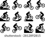 A comprehensive collection of mountain bike silhouettes featuring riders performing jumps, downhill descents, and technical maneuvers. This versatile vector set is ideal for extreme sports branding, apparel design, vinyl decals, and mountain biking promotional materials.
