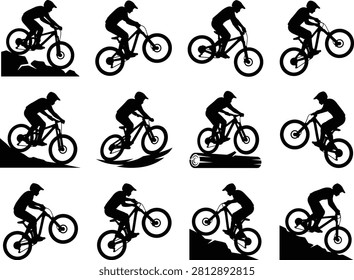 A comprehensive collection of mountain bike silhouettes featuring riders performing jumps, downhill descents, and technical maneuvers. This versatile vector set is ideal for extreme sports branding, apparel design, vinyl decals, and mountain biking promotional materials.
