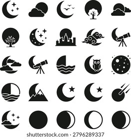 Comprehensive collection of night sky and celestial elements: moon, stars, clouds, trees, city, telescope, ocean, owl, and moon phases.