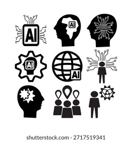 Una colección completa de nueve íconos minimalistas en blanco y negro que representan la intersección de la inteligencia humana, la tecnología y las redes globales.