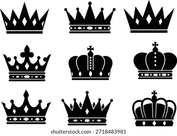 A comprehensive collection of nine different royal crown silhouettes in black vector style. This set includes various designs of king and queen headwear, featuring imperial, medieval, and heraldic styles. Ideally suitable for luxury logo design, tattoo art, coat of arms, gaming assets, and vintage branding projects. All elements are isolated on a white background for easy editing.
