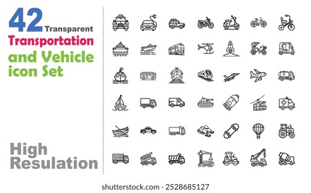 Colección integral de una línea de Transporte Iconos pack jpg Pedicab, velero Yate, helicóptero, barco, camión, tren Taxi Van Moto Bicicleta Avión Símbolos delgados Ilustración vectorial png logo