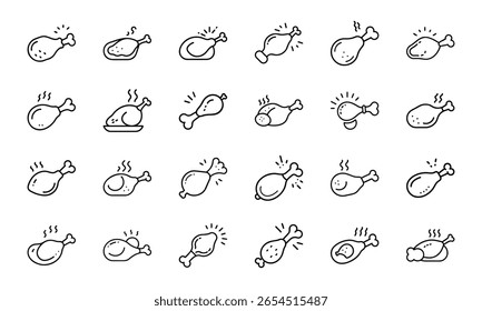 Comprehensive Collection of Outline Icons for Fast Food, Fried Chicken, Meals, and Condiments
