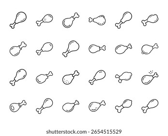 Comprehensive Collection of Outline Icons for Fast Food, Fried Chicken, Meals, and Condiments