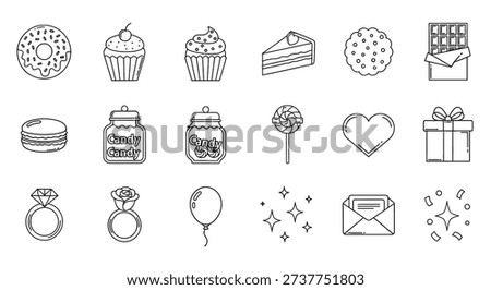 A comprehensive collection of outline icons featuring various sweet treats, celebration items, and romantic gifts, perfect for events and special occasions.