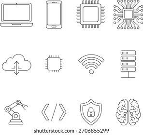 Una colección completa de iconos de contorno que representan la tecnología moderna, la inteligencia artificial, la computación en la nube, la ciberseguridad y los datos.