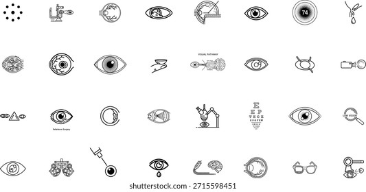 Una colección completa de iconos de contorno que representan la oftalmología y los procedimientos de cuidado de los ojos