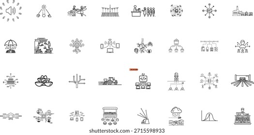 Una colección completa de iconos de contorno que representan conceptos e industrias de tecnología inteligente