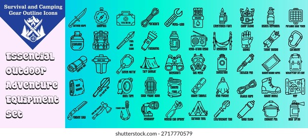 Eine umfassende Kollektion von Skizzen-Symbolen, die essenzielle Überlebens- und Campingausrüstung darstellen, perfekt für Outdoor-Abenteuer, Notfallvorsorge und Bushcraft-Designs. Vektorgrafik.