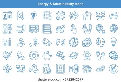 A comprehensive collection of outline icons representing energy and sustainability concepts. Features batteries, electric vehicles, solar panels, recycling symbols, and other eco-friendly solutions.