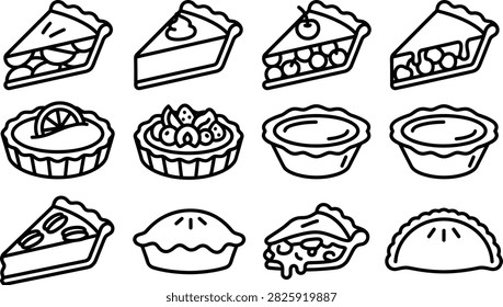 A comprehensive collection of outline style pie and tart icons featuring various delicious baked pastry desserts.