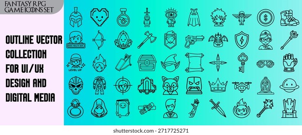 Eine umfassende Kollektion von Vektorsymbolen für Videospiele, Fantasy-RPGs und modernes UI-UX-Design. Enthält Charaktere, Waffen, Gegenstände und Schnittstellenelemente für verschiedene Spieleprojekte.