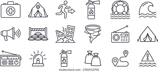 A comprehensive collection of outline vector icons related to disaster management, emergency response, and natural catastrophes. The set includes symbols for first aid, evacuation, fire safety, flood protection, sandbags, tsunami, tornado, earthquake, emergency shelter, radio communication, and warning signals. Ideal for safety manuals, humanitarian aid designs, and emergency preparedness concepts.