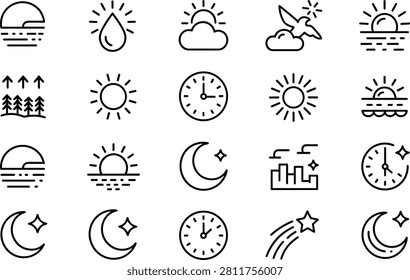 A comprehensive collection of outline vector icons representing various weather conditions like sun, clouds, rain, and time elements such as clocks and moon phases.