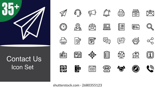 Una colección completa de más de 35 iconos de contacto para diversas aplicaciones, incluidos Sitios web, App móviles e interfaces digitales, que ofrecen símbolos de comunicación claros.