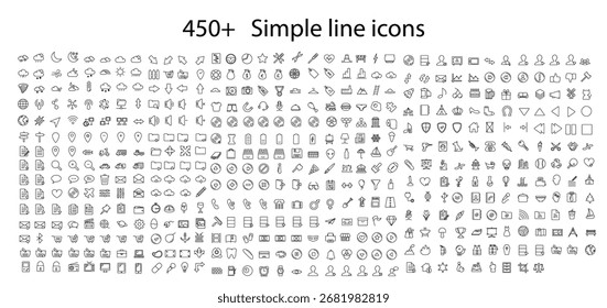 Eine umfassende Sammlung von über 450 einfachen Liniensymbolen, die sich perfekt für eine breite Palette von Anwendungen eignet, darunter Webdesign, mobile Apps und Benutzeroberflächen.