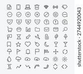 A comprehensive collection of over 50 universal UI interface icons in a clean grid layout. Covers everything from basic settings to complex multimedia and communication symbols.