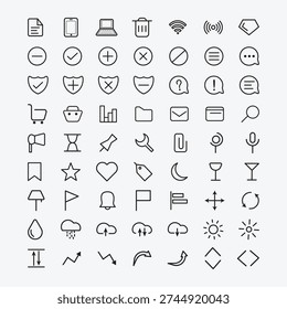 A comprehensive collection of over 50 universal UI interface icons in a clean grid layout. Covers everything from basic settings to complex multimedia and communication symbols.