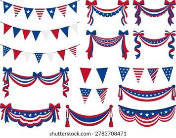 A comprehensive collection of patriotic bunting, flags, and ribbon illustrations in red, white, and blue. Ideal for 4th of July event flyers, social media graphics, and American Independence Day celebration designs.