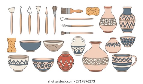 Colección integral de herramientas de cerámica y objetos cerámicos acabados como jarrones, cuencos y tazas en tonos tierra.