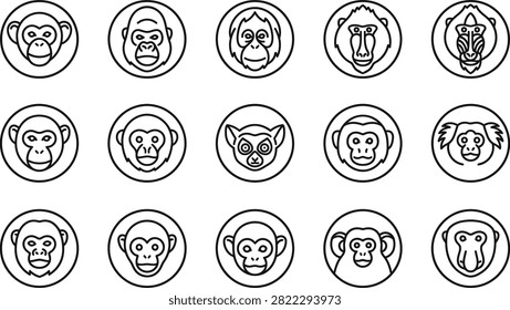 A comprehensive collection of primate face vector flat illustration icons, featuring various monkey and ape species in a clean, minimalist line art style isolated on a white background.