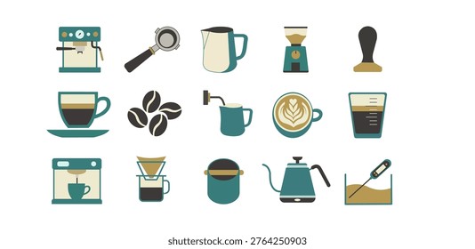 Comprehensive collection of professional coffee brewing equipment and barista tools in a modern flat design style. Features espresso machine, portafilter, coffee grinder, milk pitcher, latte art, pour-over dripper, gooseneck kettle, and digital thermometer. Perfect for cafe branding, coffee shop menus, barista training manuals, and specialty coffee industry infographics.