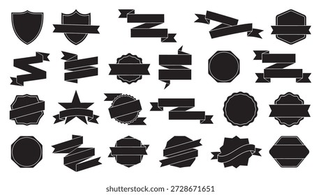 Una colección completa de Formas profesionales de etiquetas y distintivos con cintas clásicas, escudos heráldicos, Anuncios decorativos y sellos de Garantía festoneados. Estas siluetas limpias de Vector negro son ideales para el diseño de empaques de productos, etiquetas de promoción de descuentos, certificados de premios y marcas de estilo vintage. Un conjunto versátil de Elementos gráficos de alta calidad diseñados para materiales de marketing, insignias de Sitio web y detalles de logotipos profesionales.