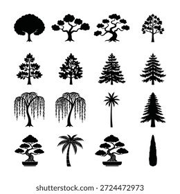 Una colección completa de Vectores profesionales de silueta de árboles con varias especies como pino perenne, bonsái decorativo, palma tropical y sauce llorón.