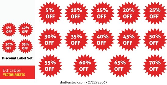 Umfassende Kollektion von Red Starburst Rabatt-Labels und -Badges mit Prozentsätzen von 5% bis 70% OFF Editierbares Vektorset

Diese professionelle Grafikressource verfügt über eine komplette Reihe von leuchtend roten Sternenhimmel-förmigen Rabattmarken, die sorgfältig entwickelt wurden, um den Verkauf voranzutreiben und die Aufmerksamkeit der Kunden zu erfassen. Die Sammlung umfasst 14 verschiedene Abzeichen mit voreingestellten Prozentsätzen von 5 % OFF bis 70 % OFF (in 5 %-Schritten), die jeweils mit fett weißer Typografie für maximale Lesbarkeit gerendert werden. Die dynamische "Explosions"- oder Burst-Form bedeutet Dringlichkeit und Aufregung und macht diese Objekte perfekt für saisonale Verkäufe, Clearingveranstaltungen, Flash-Deals und Werbebanner. Diese hochwertigen, editierbaren Vektorgrafiken sind auf sauberem Hintergrund isoliert und sofort für den Einsatz sowohl in digitalen E-Commerce-Plattformen als auch in hochauflösenden Print-Marketingmaterialien geeignet. Das durchgängige Design sorgt für einen professionellen Look Ihrer gesamten Werbekampagne.

Zu den wichtigsten Funktionen gehören:
Vollständiger Rabattbereich: Umfasst alles, von bescheidenen 5 % Einsparungen bis hin zu massiven 70 % Clearingangeboten, die für jede Werbestrategie geeignet sind.

High-Impact-Farbpsychologie: Die lebendige rote Farbe wird speziell gewählt, um Aufmerksamkeit zu erregen, Aufregung zu wecken und ein Gefühl der Dringlichkeit zu schaffen.

Moderne Starburst Ästhetik: Verfügt über zahlreiche scharfe, spitze Strahlen, die einen dynamischen, auffälligen Look im Vergleich zu Standard-Rundabzeichen bieten.

Professionelle Vektorqualität: Vollständig skalierbare und editierbare EPS-Datei, die eine nahtlose Anpassung von Farben, Text und Größen ohne Qualitätsverlust ermöglicht.