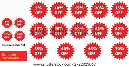 Comprehensive Collection of Red Starburst Discount Labels and Badges Featuring Percentages from 5% to 70% OFF Editable Vector Set

This professional graphic resource features a complete set of vibrant red starburst-shaped discount labels, meticulously designed to drive sales and capture customer attention. The collection includes 14 distinct badges with pre-set percentages ranging from 5% OFF up to 70% OFF (in 5% increments), each rendered with bold white typography for maximum legibility. The dynamic "explosion" or burst shape signifies urgency and excitement, making these assets perfect for seasonal sales, clearance events, flash deals, and promotional banners. Isolated on a clean background, these high-quality editable vector assets are ready for immediate use in both digital e-commerce platforms and high-resolution print marketing materials. The cohesive design ensures a professional look across your entire promotional campaign.

Key Features include:
Full Discount Range: Covers everything from modest 5% savings to massive 70% clearance offers, suitable for any promotional strategy.

High-Impact Color Psychology: The vibrant red color is specifically chosen to grab attention, evoke excitement, and create a sense of urgency.

Modern Starburst Aesthetic: Features numerous sharp, pointed rays that provide a dynamic, eye-catching look compared to standard circular badges.

Professional Vector Quality: Fully scalable and editable EPS file, allowing for seamless customization of colors, text, and sizes without any loss of quality.