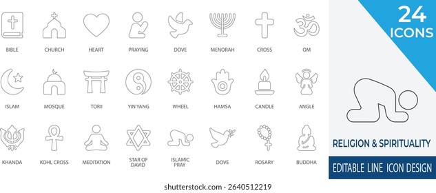 A comprehensive collection of religious and spiritual thin line icons representing diverse faiths and beliefs. Ideal for projects centered on spirituality, worship, and cultural traditions.