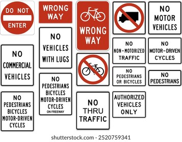 Coleção Abrangente de Sinais de Estrada de Restrição: Não Entrar, Sem Caminhões, Sem Pedestres, Sem Bicicletas e Proibições de Veículos Não Autorizados para Controle de Estrada e Trânsito. Sinalização rodoviária nos EUA.