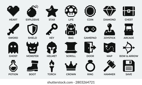 Comprehensive collection of retro video game elements including classic weapons armor and loot. Minimalist black silhouettes represent adventure items quest objects and arcade peripherals. Vector graphics designed for interface design mobile apps and gamer merchandise projects.