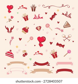 Una colección completa de iconos y Anuncios vectoriales románticos. Cuenta con corazones, rosas, cajas de regalo, cupcakes y elegantes cintas en una paleta de colores rojo y rosa suave, ideal para papelería de bodas de bricolaje, álbumes de recortes románticos y marca comercial de vacaciones.
