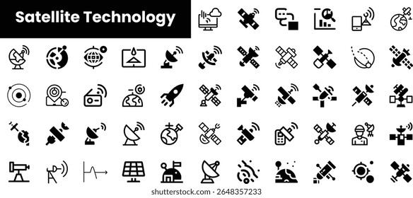 Uma coleção abrangente de ícones de tecnologia de satélite, incluindo satélites, antenas e símbolos de comunicação em um design moderno e minimalista.