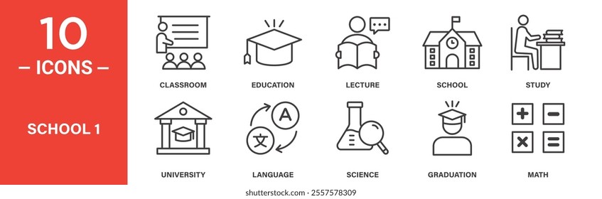 A comprehensive collection of school-related icons including classroom, education, lectures, studying, university, language learning, science, graduation, and math symbols.