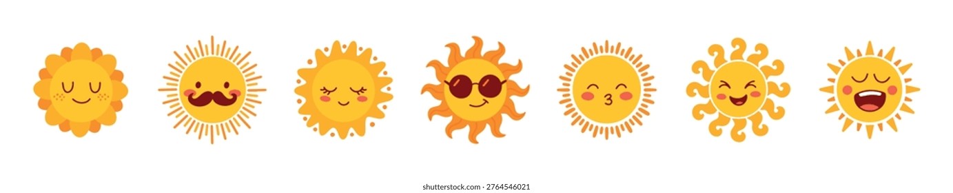 Comprehensive collection of seven sweet sun characters showing various emotions. Perfect for educational posters, weather infographics, or early childhood learning