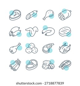 Uma coleção abrangente de ícones simples de arte em linha com carnes cruas, salsichas curadas, bifes, aves e peixes, ideal para talhos ou menus.