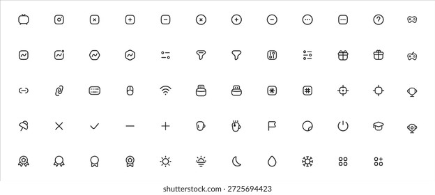 A comprehensive collection of simple outline icons for digital interfaces and applications. These icons cover a wide range of common symbols and concepts useful for web design and user experience.