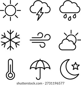 A comprehensive collection of simple vector icons illustrating various weather conditions and meteorological phenomena.