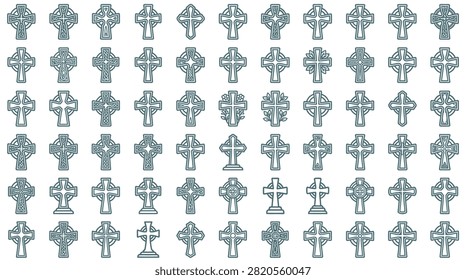 A comprehensive collection of sixty-six unique Celtic cross icons featuring various traditional knotwork patterns, ringed designs, and decorative religious symbols on a white background.