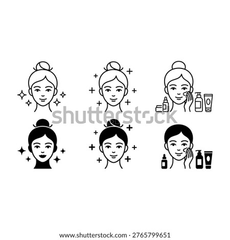 A comprehensive collection of skincare routine icons featuring woman faces with clean glowing skin and various cosmetic bottles. Perfect for beauty blogs, spa websites, and dermatology services.