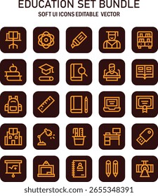 Comprehensive collection of soft UI icons featuring various elements representing education and learning resources