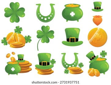 A comprehensive collection of St Patricks Day icons featuring green top hats lucky horseshoes pots of gold and four leaf clovers isolated on a white background
