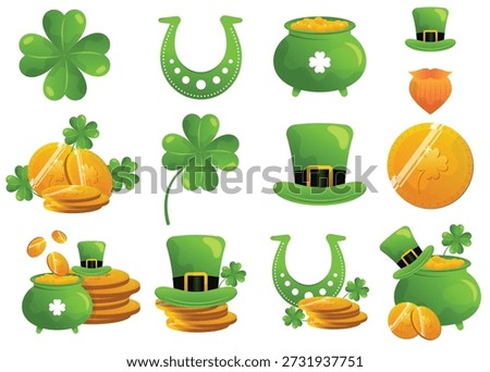 A comprehensive collection of St Patricks Day icons featuring green top hats lucky horseshoes pots of gold and four leaf clovers isolated on a white background