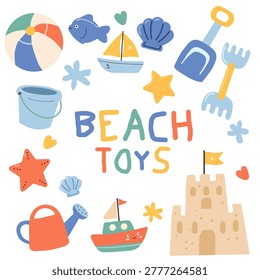 A comprehensive collection of summer beach toys for children, featuring a sandcastle, bucket, shovel, rake, watering can, and colorful boats. The set is decorated with seashells, starfish, and a beach ball. This bright illustration is perfect for seasonal vacation themes and coastal holiday branding.
