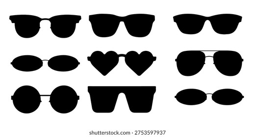 Comprehensive Collection of Sunglasses Silhouette Vector Icons on White Background. Various Trendy Eyewear Frames Including Aviator, Heart Shape, Round, Oval, and Wayfarer Styles. Minimalist Black Glasses Graphic Design Elements for Fashion, Summer Vacation, Travel, and Modern Lifestyle Illustration.