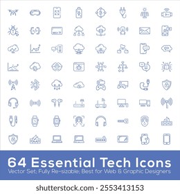 A comprehensive collection of tech-based icons covering networking, devices, cybersecurity, AI, cloud computing, and more. Perfect for apps, websites, and digital projects.