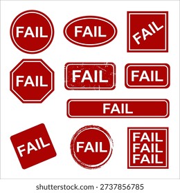 A comprehensive collection of ten red stamps and signs featuring the word FAIL in bold text. The set includes diverse shapes like circles squares and rectangles with distressed textures. These icons are ideal for illustrating concepts of failure rejection and negative feedback in professional or academic contexts.